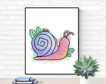 Watercolor Snail Art, Snail Digital Print, Watercolor Wall Art, Watercolor Snail, Snail Wall Art, 8x10 and 16x20