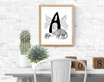 A is for ARMADILLO, Black and White Alphabet Print, Digital Download, Coloring Page or Wall Art 8.5x11 and 5x7