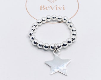 Sterling Silver Bead Ring With Sterling Silver Star Charm