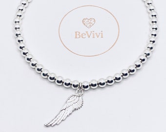 Sterling Silver 4mm Bead Bracelet With Sterling Silver Angel Wing Charm