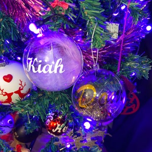 Personalised Baubles for Christmas Tree Decoration, Fillable Ornament with Feathers & Snow, Custom Name Tree Adornment for someone you love