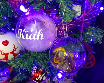 Personalised Baubles for Christmas Tree Decoration, Fillable Ornament with Feathers & Snow, Custom Name Tree Adornment for someone you love