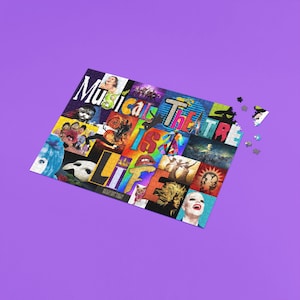 May include: A colorful jigsaw puzzle with a collage of musical theatre images and the text "Musical Theatre Is Life".