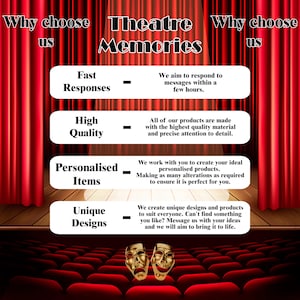 May include: A red curtain backdrop with a white text overlay that reads "Why choose us Theatre Memories Why choose us".  Four white boxes with black text describe the company's services: Fast Responses, High Quality, Personalised Items, and Unique Designs.