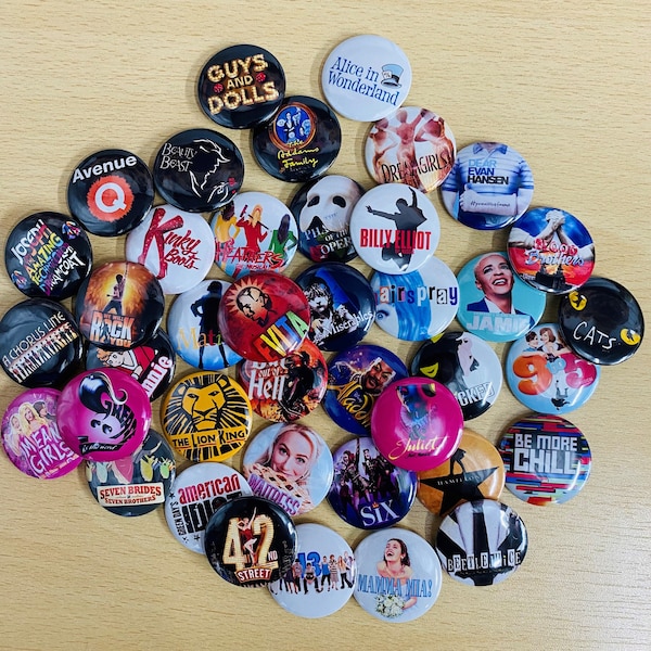 Musical Theatre Pin Badges, 32mm Pinback Buttons, West End, Broadway, Pick your own Badges, Theatre Gifts, I Love Musical Theatre Merch