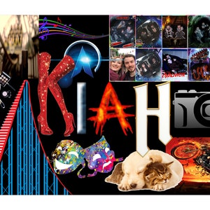 Puede incluir: Un collage de imágenes que presenta una montaña rusa, un par de botas rojas brillantes, una cámara, un perro y un gato durmiendo, una motocicleta y un diseño de nota musical. La palabra "KIAH" está escrita en letras grandes en el centro de la imagen.