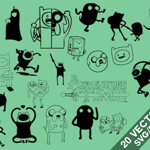 May include: A set of 20 black and white vector illustrations of characters from the animated television series Adventure Time. The characters include Finn the Human, Jake the Dog, Princess Bubblegum, Marceline the Vampire Queen, and Ice King. The text "Adventure Time" is also included in the set.