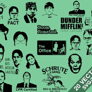 Puede incluir: Una colección de 20 ilustraciones vectoriales en blanco y negro con personajes y citas del popular programa de televisión "The Office". Las ilustraciones incluyen personajes como Michael Scott, Dwight Schrute, Jim Halpert y Pam Beesly. Las citas incluyen "Eso es lo que ella dijo", "Falso", "Osos. Remolachas. Battlestar Galactica", y "Boom Roasted".