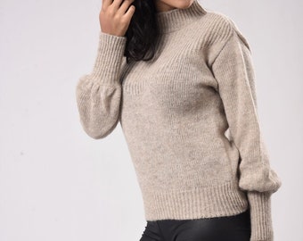 Baby-Alpaka-Wolle, Alpaka-Pullover, Alpaka-Pullover, Stehkragenpullover, Puffärmel, Beige, Schwarz, Grau, Peru, Damenpullover, S M L