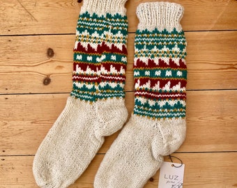 Handmade fair-isle socks, 100% wool socks, Fleece lined, thigh high socks, Fleece, winter super warm socks, Boot socks, mother's day gift