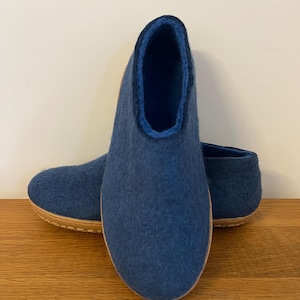 Petrol Blue Wool Slippers for Men - Felted Wool House Shoes with Rubber Soles image 2