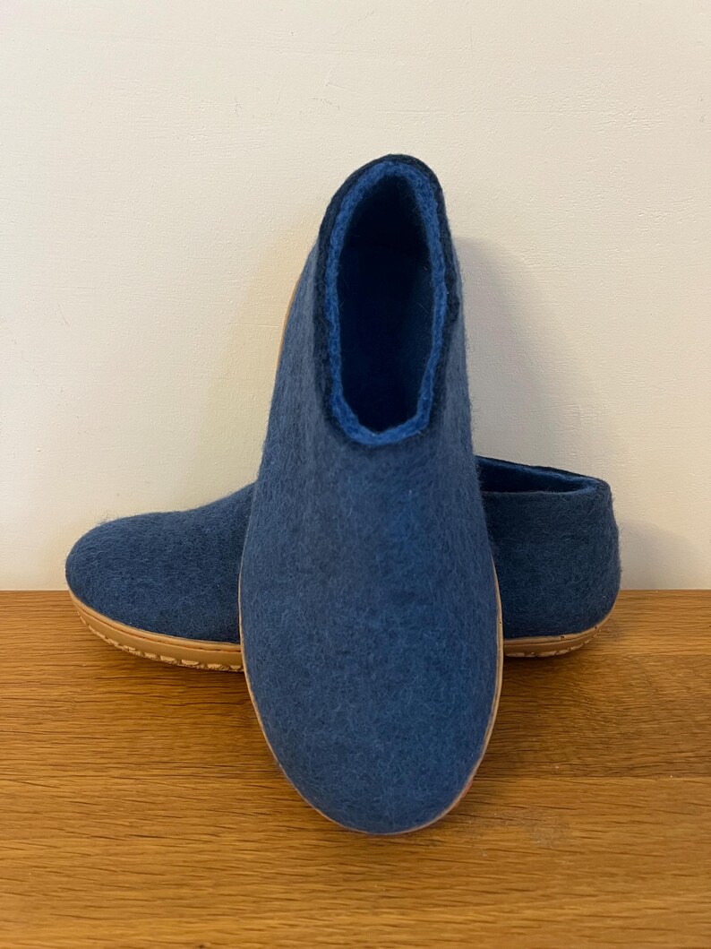 Petrol Blue Wool Slippers for Men - Felted Wool House Shoes with Rubber Soles image 2