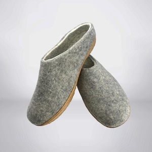 Men's Grey Wool Slippers – Felted Mules with Rubber Soles | Handmade & Organic
