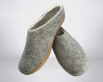 Men's Grey Wool Slippers – Felted Mules with Rubber Soles | Father's Day Gift