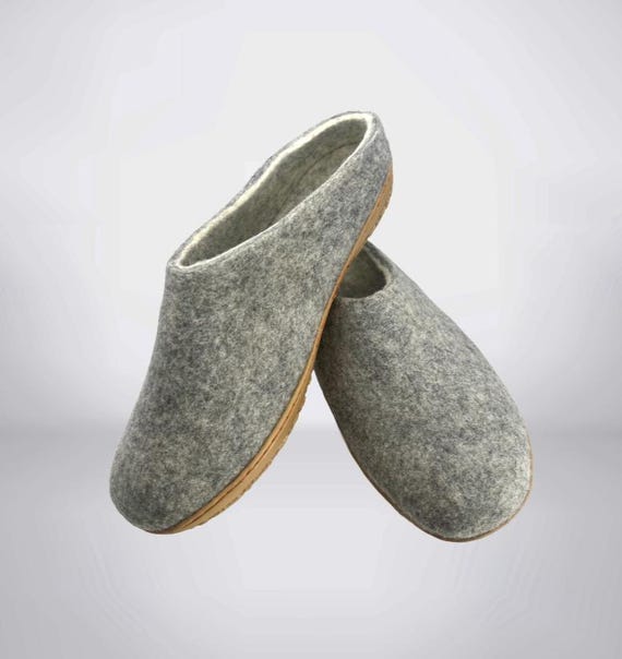 Men's Grey Wool Slippers – Felted Mules with Rubber Soles | Father's Day Gift