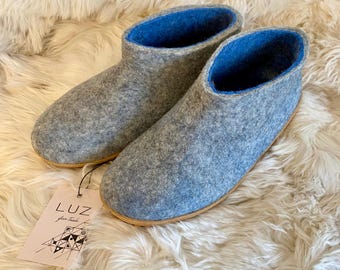Unisex Felt Wool Slippers: Grey & Blue Booties with Rubber Soles (UK 7-13), Organic wool