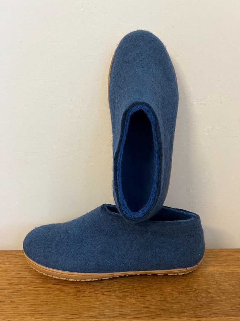 Petrol Blue Wool Slippers for Men - Felted Wool House Shoes with Rubber Soles image 3