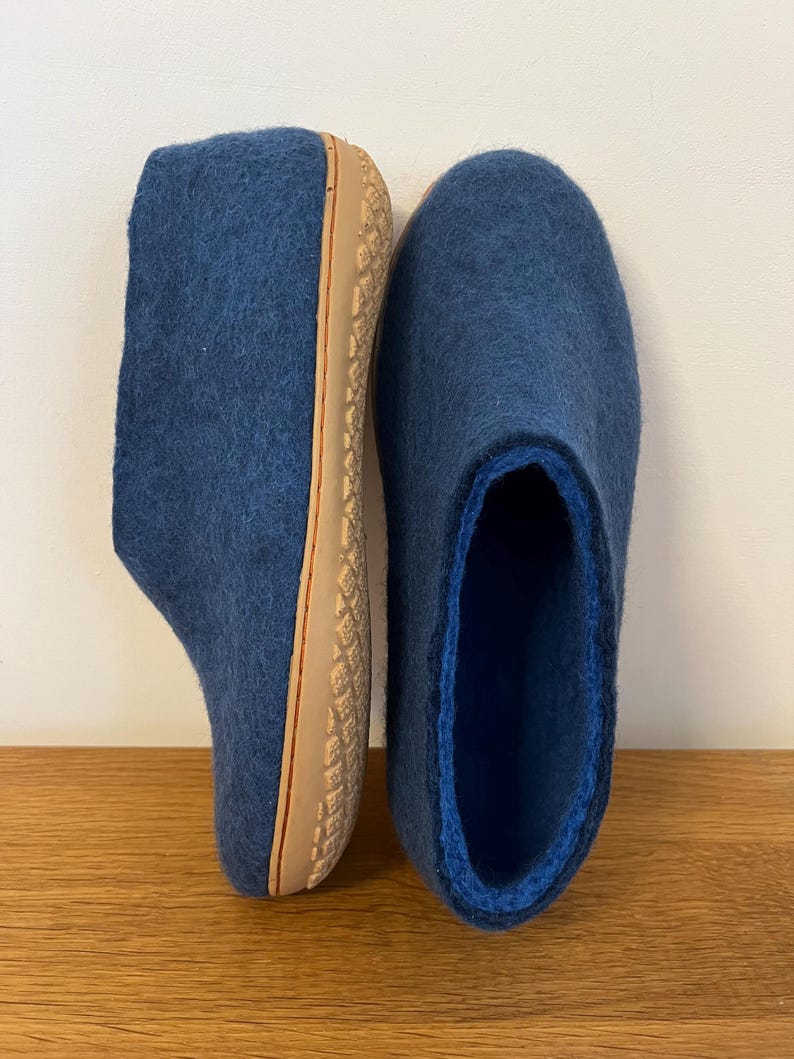 Petrol Blue Wool Slippers for Men - Felted Wool House Shoes with Rubber Soles image 6