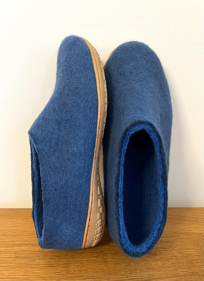 Petrol Blue Wool Slippers for Men - Felted Wool House Shoes with Rubber Soles image 7