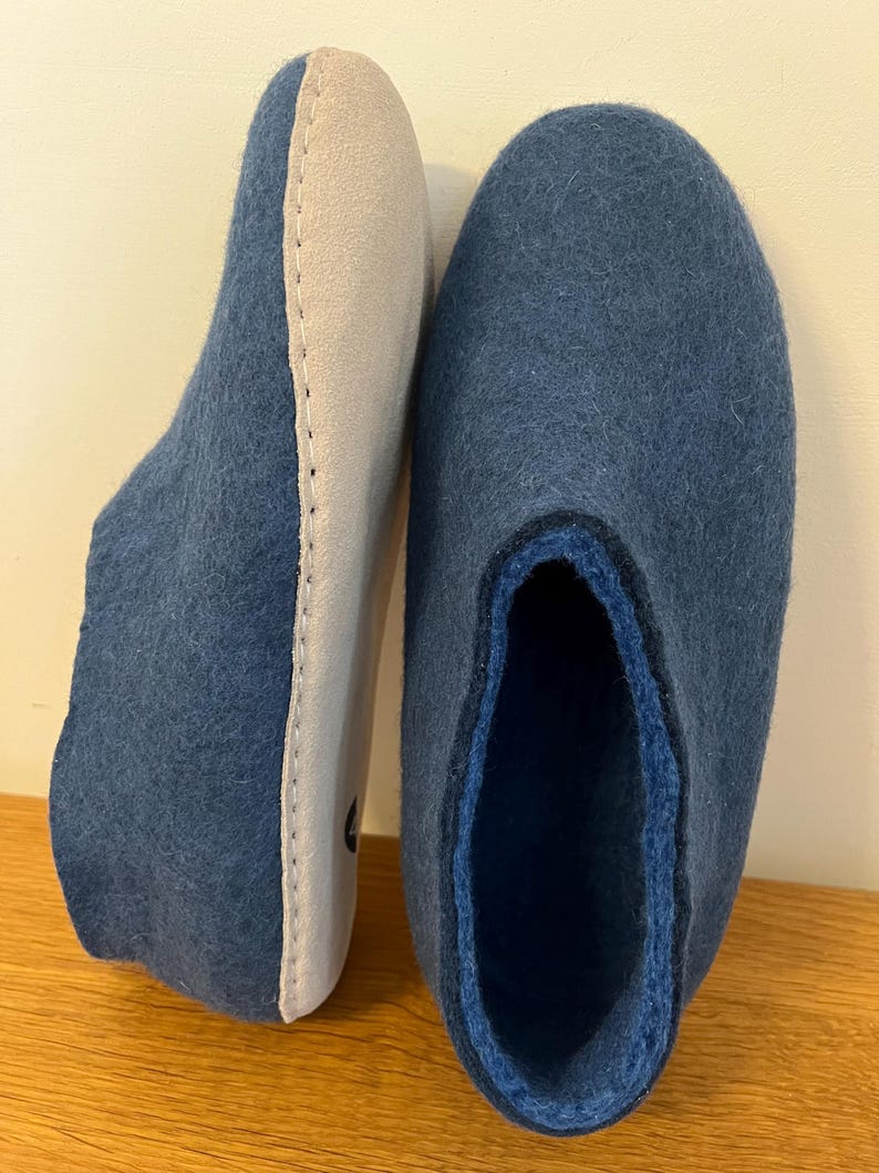 Petrol Blue Wool Slippers for Men - Felted Wool House Shoes with Rubber Soles image 13