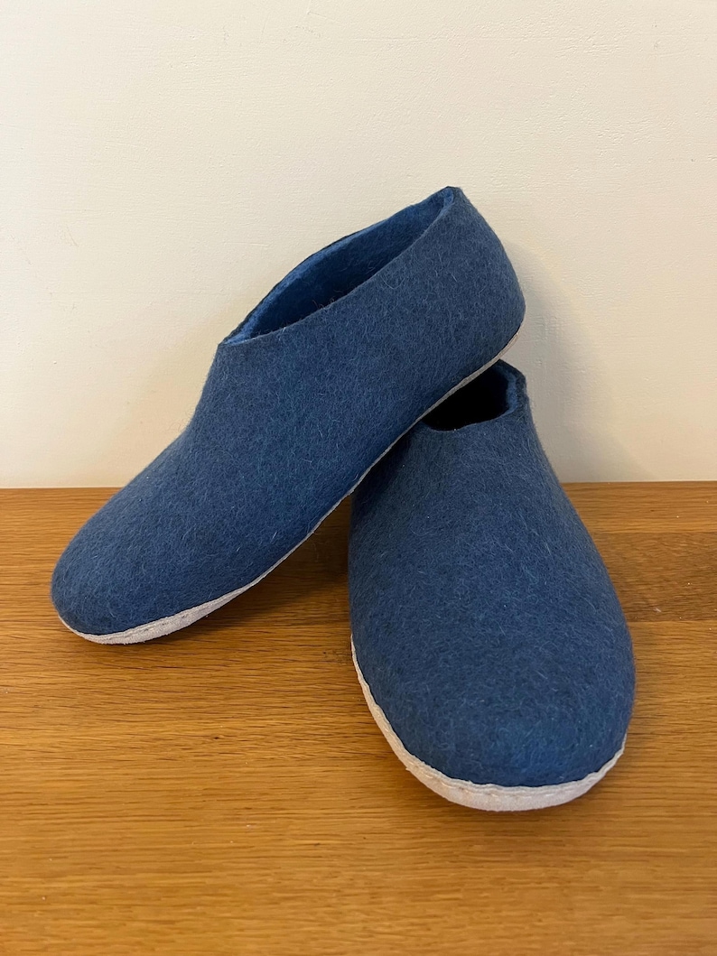Petrol Blue Wool Slippers for Men - Felted Wool House Shoes with Rubber Soles image 10