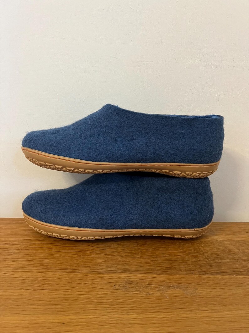 Petrol Blue Wool Slippers for Men - Felted Wool House Shoes with Rubber Soles image 4