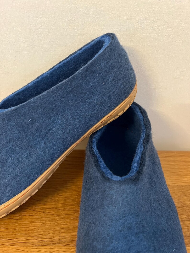 Petrol Blue Wool Slippers for Men - Felted Wool House Shoes with Rubber Soles image 8