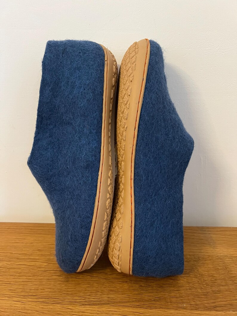 Petrol Blue Wool Slippers for Men - Felted Wool House Shoes with Rubber Soles image 5