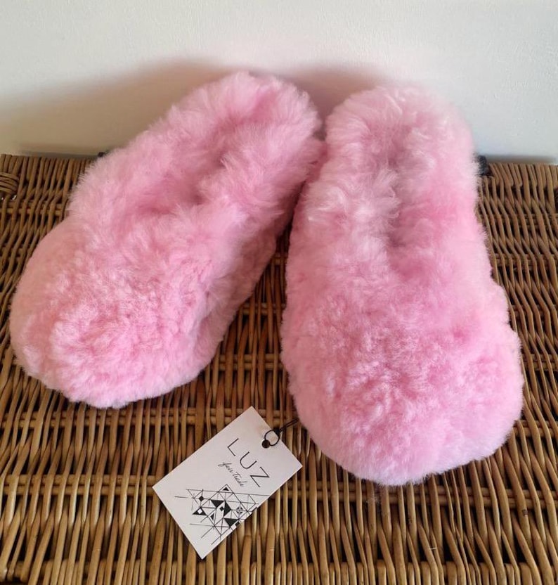 Pink Alpaca Fur Women Slippers: Handmade Sheepskin Moccasins, Ethical alpaca skin, 3-9 UK Sizes Pastel Pink