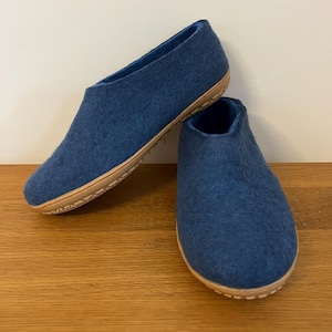 Petrol Blue Wool Slippers for Men - Felted Wool House Shoes with Rubber Soles image 1