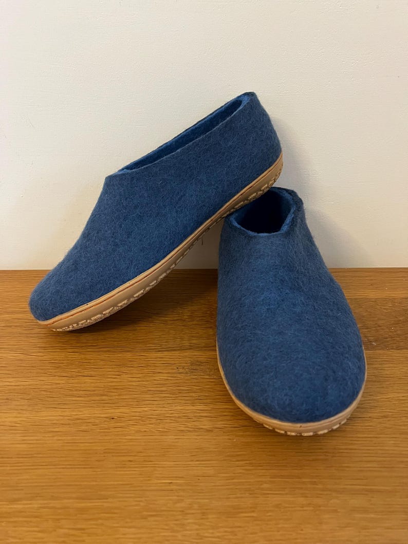 Petrol Blue Wool Slippers for Men - Felted Wool House Shoes with Rubber Soles image 1