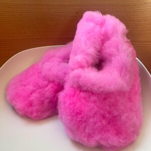 Pink Alpaca Fur Women Slippers: Handmade Sheepskin Moccasins, Ethical alpaca skin, 3-9 UK Sizes Neon Pink