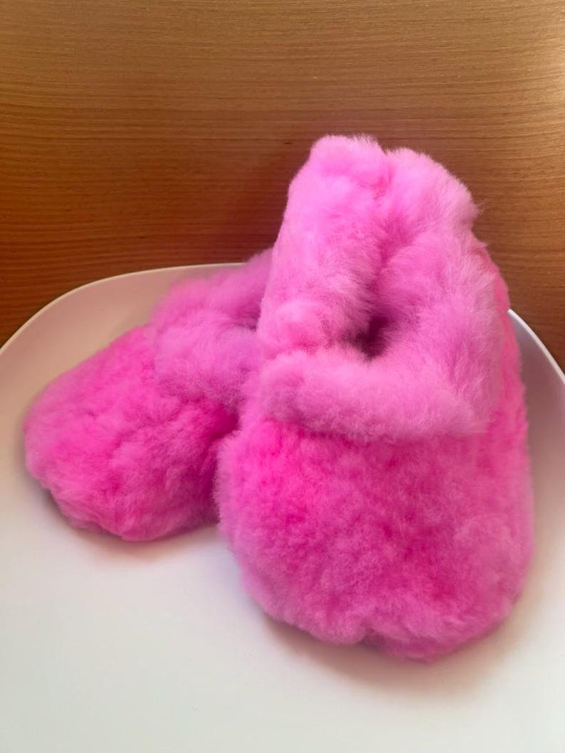 Pink Alpaca Fur Women Slippers: Handmade Sheepskin Moccasins, Ethical alpaca skin, 3-9 UK Sizes Neon Pink