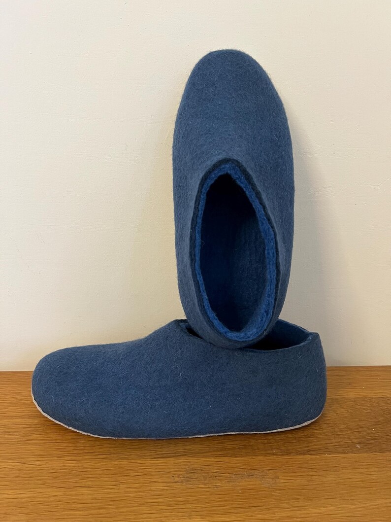 Petrol Blue Wool Slippers for Men - Felted Wool House Shoes with Rubber Soles image 11