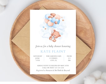 Invitación para baby shower con osito de peluche: globo aerostático azul (plantilla de Canva, descarga digital)