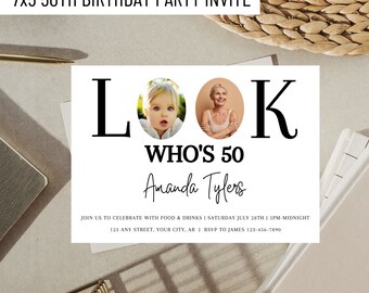 Plantilla de invitación con foto para 50 cumpleaños: sencilla y editable (descarga digital)