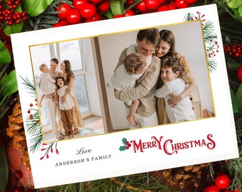 May include: A Christmas card featuring two family photos with a gold border and festive watercolor accents. The words "Merry Christmas" are in red script, and the family name is printed below.