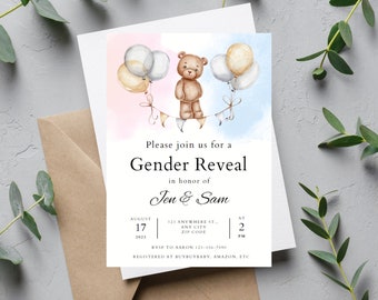 Teddy Bear Gender Reveal Invitation Template (Digital Download)