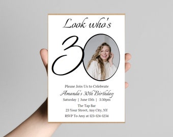 May include: A rectangular birthday invitation card featuring the text Look who's 30, a circular photo of a smiling person, and event details including Amanda's 30th Birthday, Saturday, June 15th, 3:30pm, The Tap Bar, 23 Your Street, Any City, NY, RSVP 123-124-1234.