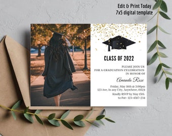 Invitación de graduación con foto editable / Descarga digital / Invitación imprimible de 5x7