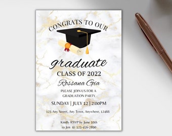 Invitación de graduación blanca y dorada: Plantilla editable (descarga digital)