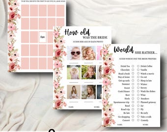 Juegos de despedida de soltera con flores silvestres: flores rosas, editables (imprimibles)