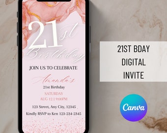 ローズゴールドの21歳の誕生日招待状テンプレート（デジタルダウンロード）