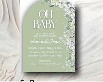 Plantilla de invitación floral verde salvia para baby shower (descarga digital)