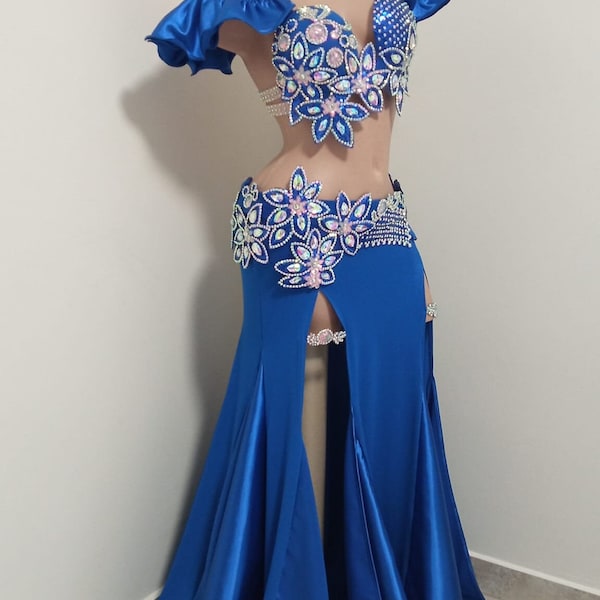 Costume de danse du ventre, bleu royal, pierres de verre AB, costume de danse du ventre professionnel à paillettes, costume de danse orientale