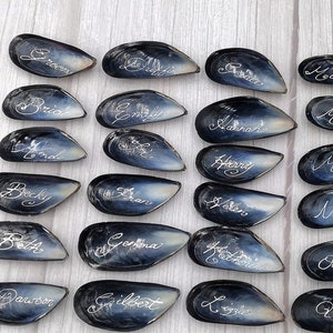 May include: A set of 30 black mussel shells with silver calligraphy names written on them. The shells are arranged in rows on a white wooden surface.