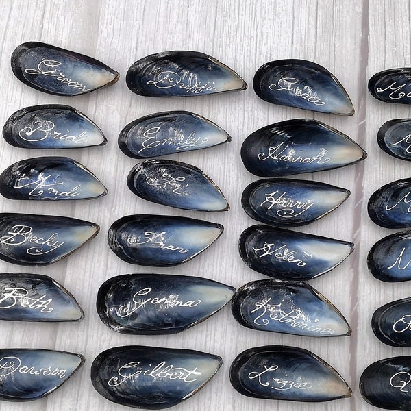Beach-Wedding Place Names with Blue Mussel Shells & Calligraphy Ink for 100 Guests or Less.
