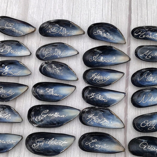 Beach-Wedding Place Names on Mussel Shells With Calligraphy Ink for Small, Intimate Events
