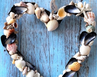 Shell Heart Wreath for Beach Themed Weddings, Front Doors, Beach Décor. Bathroom Nautical Décor. Beach Home Ideas. Holiday Home Wall Art