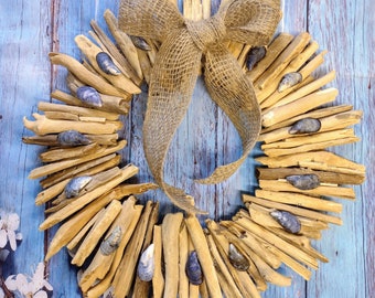 Driftwood Rustic Wreath with Mussel Shells for Beach Themed Décor,  Coastal Interior Design or A Wedding Gift